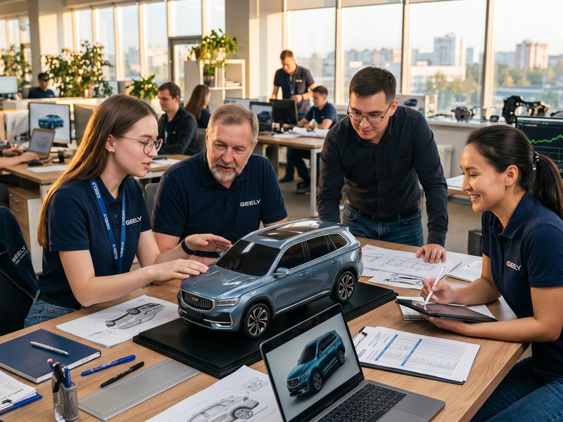 Команда Geely Cool Челны обсуждает условия кредитования в современном офисе, рабочий процесс.