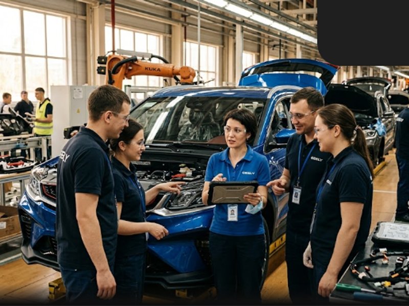 Команда Geely Cool Челны обсуждает условия кредитования, современный офис, рабочая атмосфера.